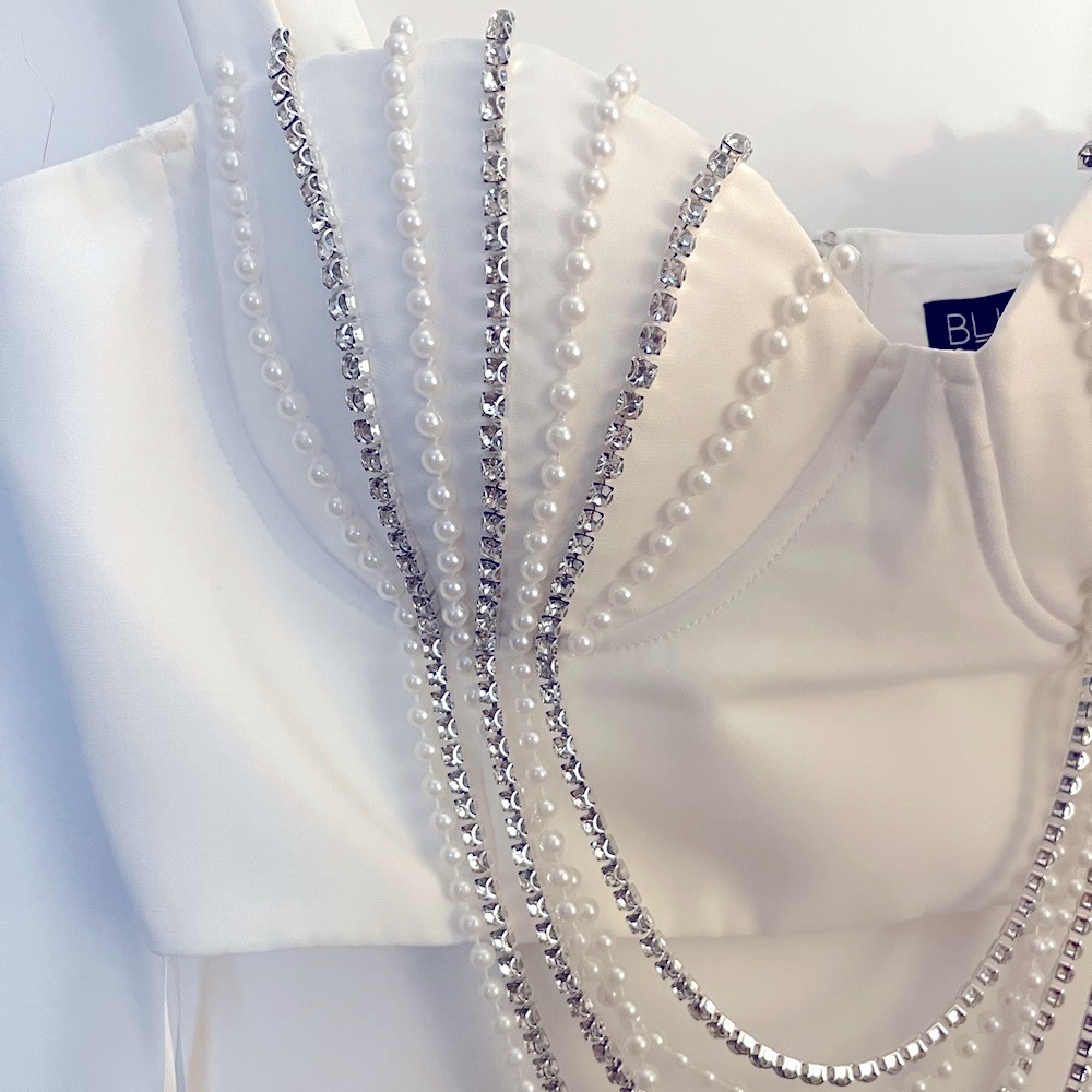 BLITHE LA White Corset Top with Diamond / Pearl Beading (Great Bachelorette Top)